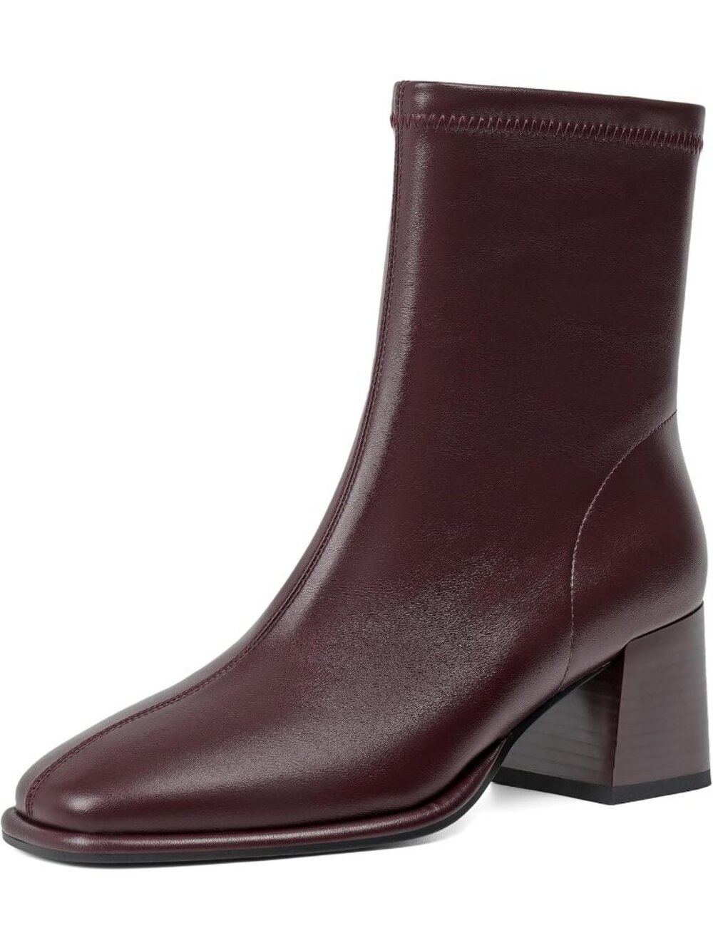 Women's Burgundy Faux Leather Chunky Block Heel With Side Zipper Stretch Boots